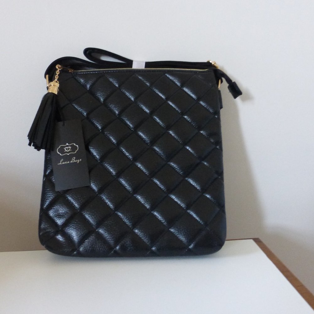 Luna Bag Quilted Faux Leather Black Cross Body Bag 11" x 10" NWT